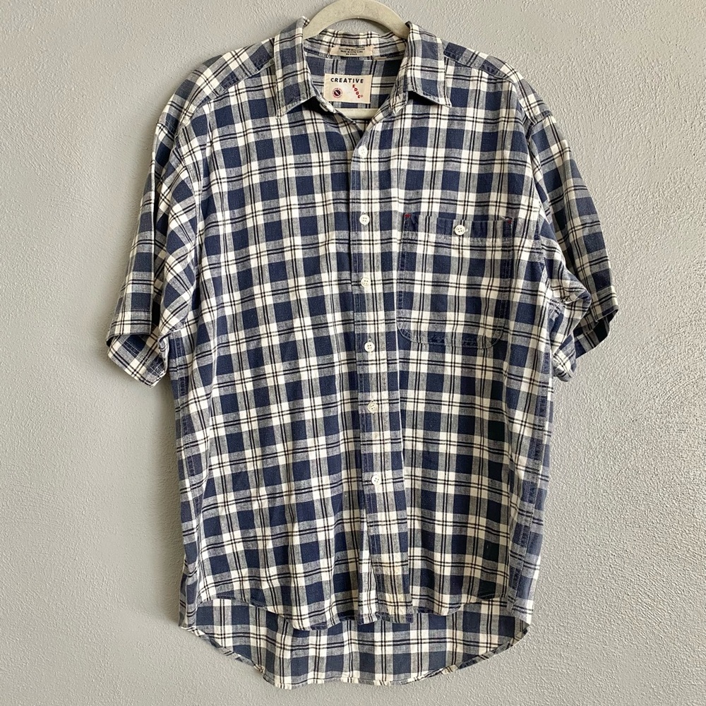 Creative Edge Button Up Men’s Size Large Linen Plaid Blue Short Sleeve Collared